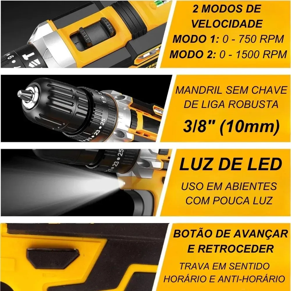 2 modos de velocidade, mandril 3/8, luz de LED